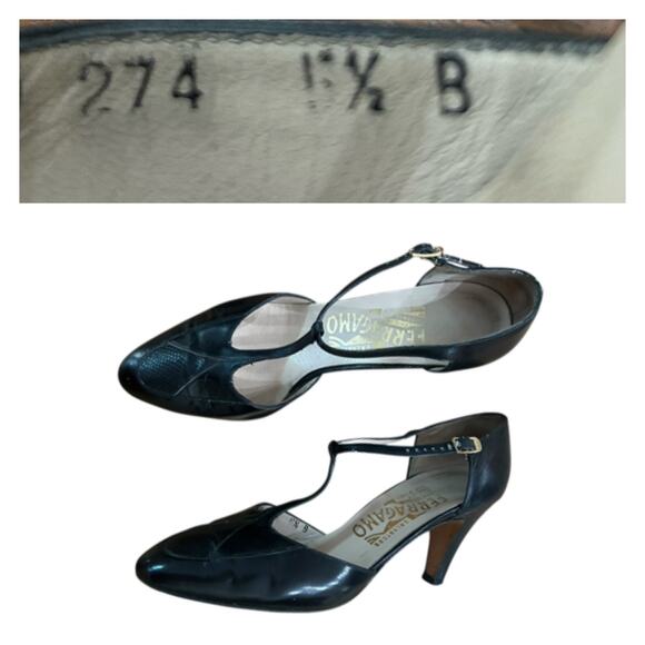 Vintage 1980s Salvatore Ferragamo Black Leather T-Strap Heels / Size 5.5 - - Picture 4 of 4